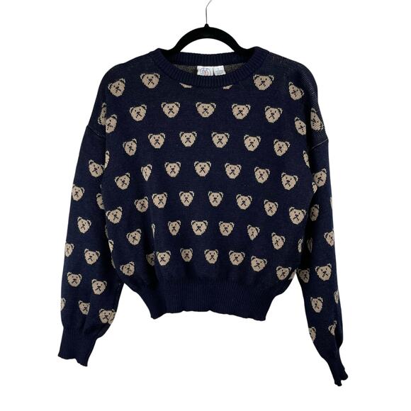 JG Hook Navy Blue Pullover Teddy Bear Print Wool Knit Long Sleeve Sweater Large - Picture 1 of 12
